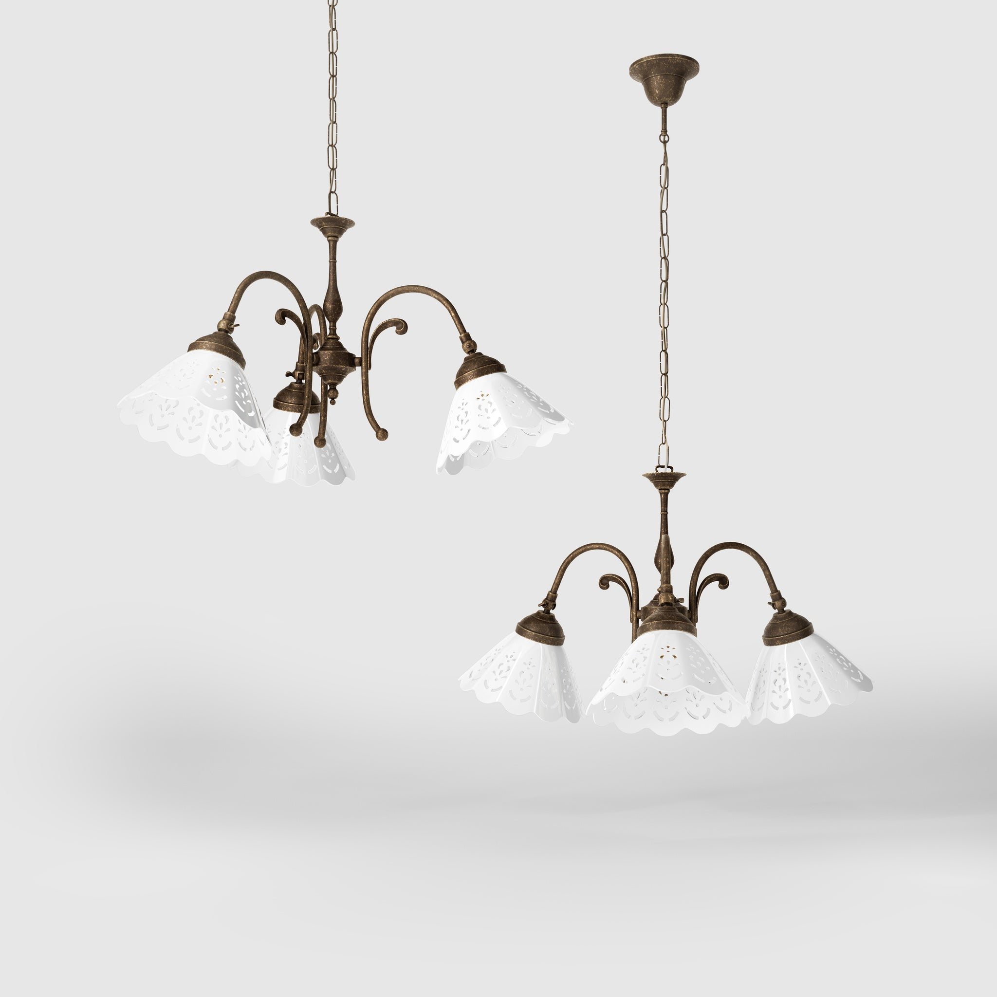 Liberty style pendant lamp with three pierced ceramic shades, decorative brass arms and adjustable joints by Ghidini 1849 - Finish: OAS Antique Brass