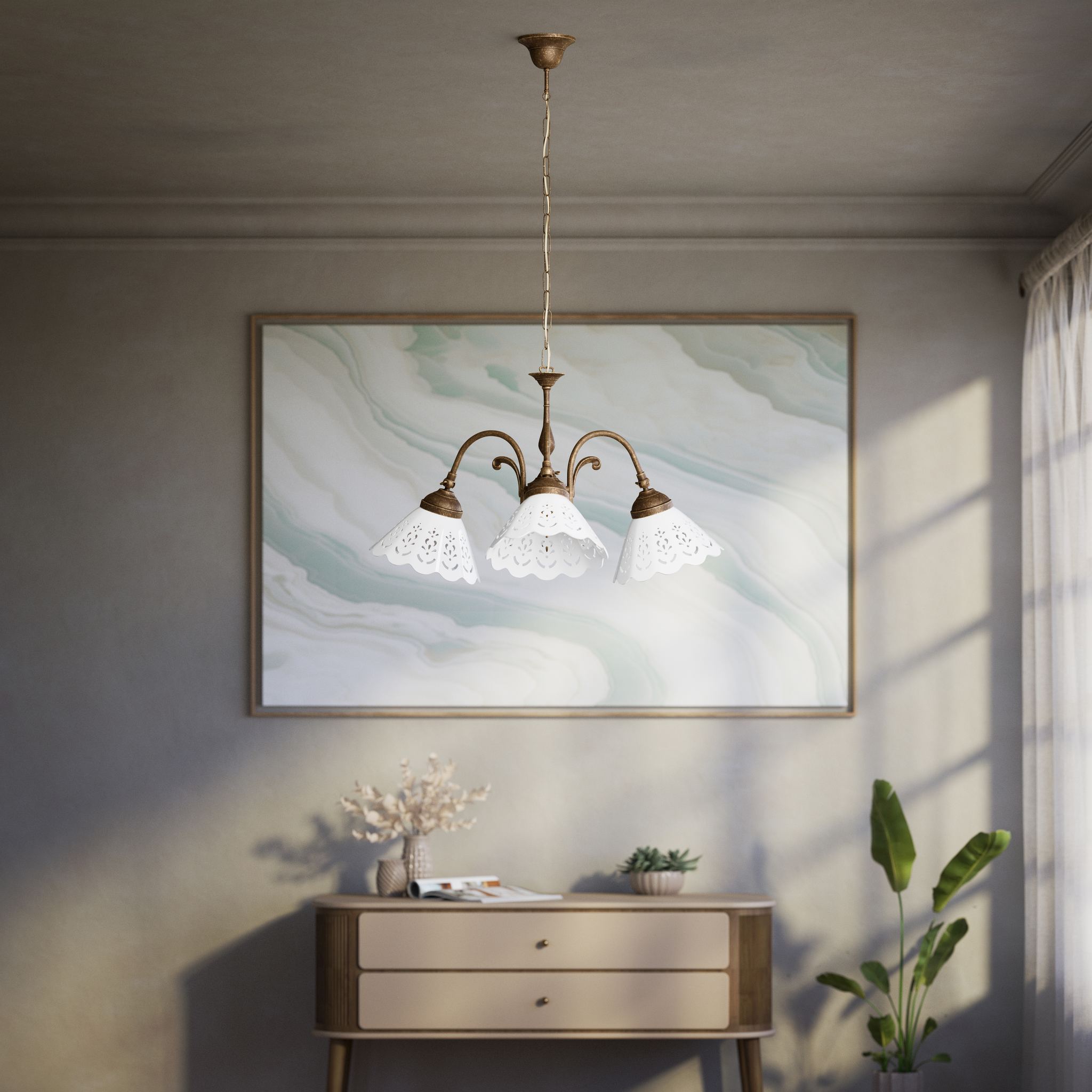 Liberty style pendant lamp with three pierced ceramic shades, decorative brass arms and adjustable joints by Ghidini 1849 - Finish: OAS Antique Brass