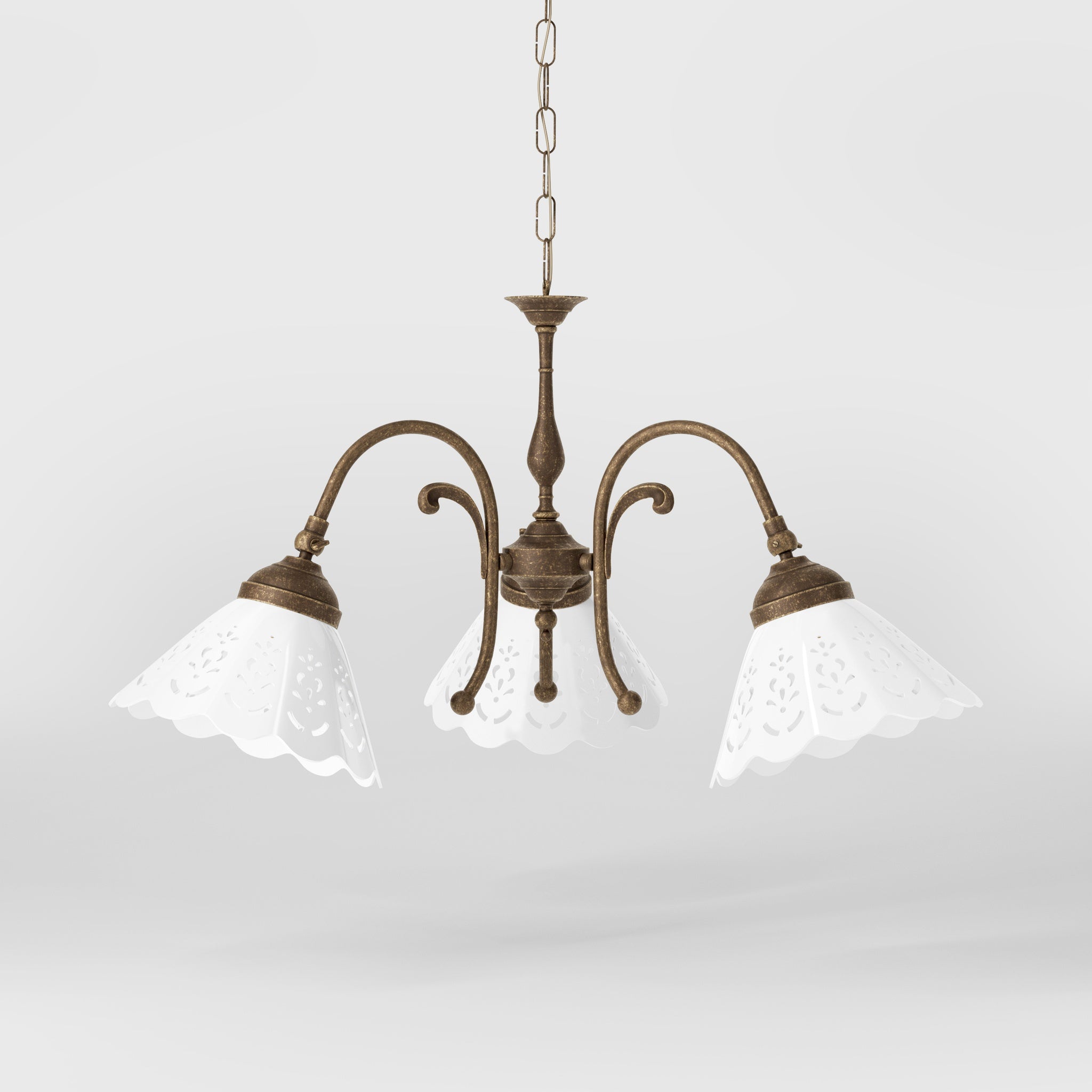 Liberty style pendant lamp with three pierced ceramic shades, decorative brass arms and adjustable joints by Ghidini 1849 - Finish: OAS Antique Brass