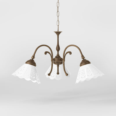 Liberty style pendant lamp with three pierced ceramic shades, decorative brass arms and adjustable joints by Ghidini 1849 - Finish: OAS Antique Brass