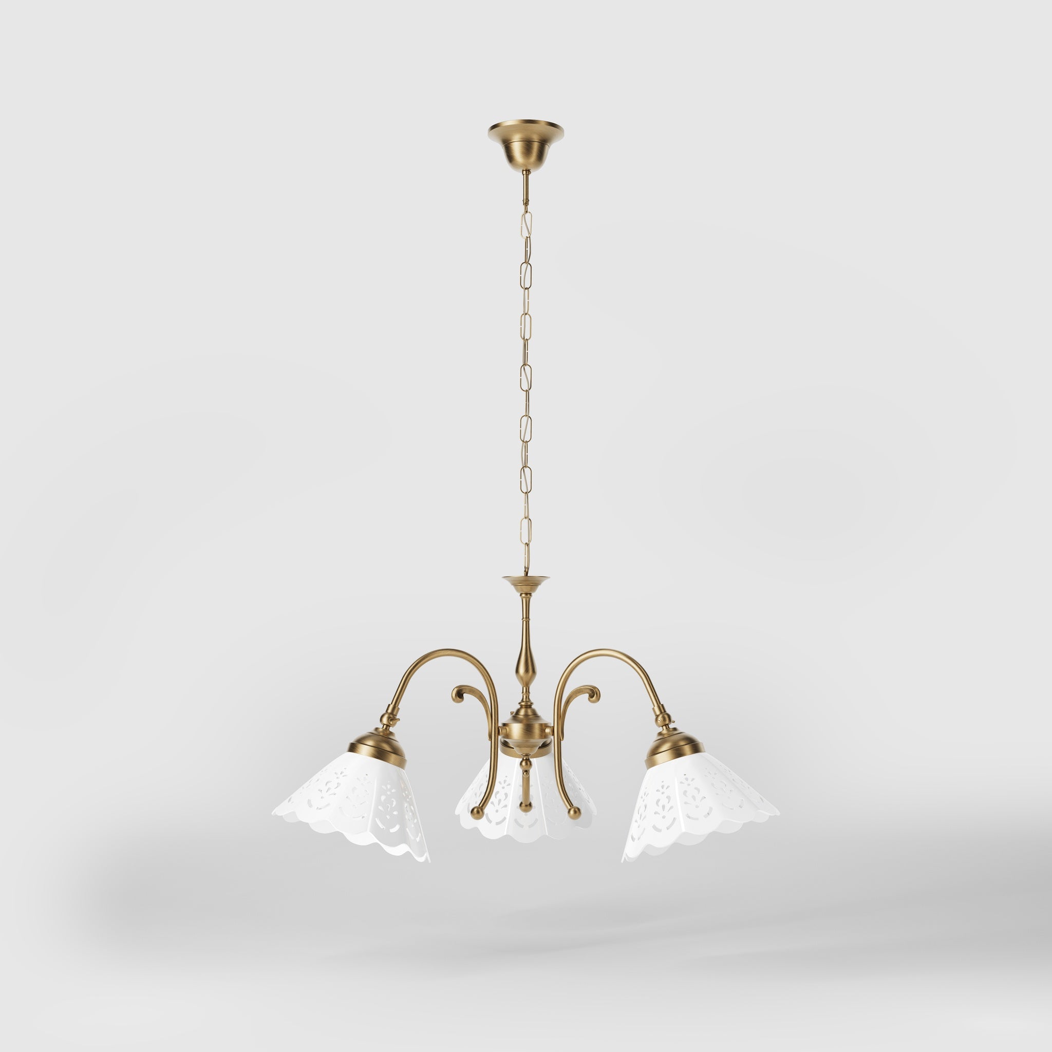 Liberty style pendant lamp with three pierced ceramic shades, decorative brass arms and adjustable joints by Ghidini 1849 - Finish: OBS Bronze Satin Brass