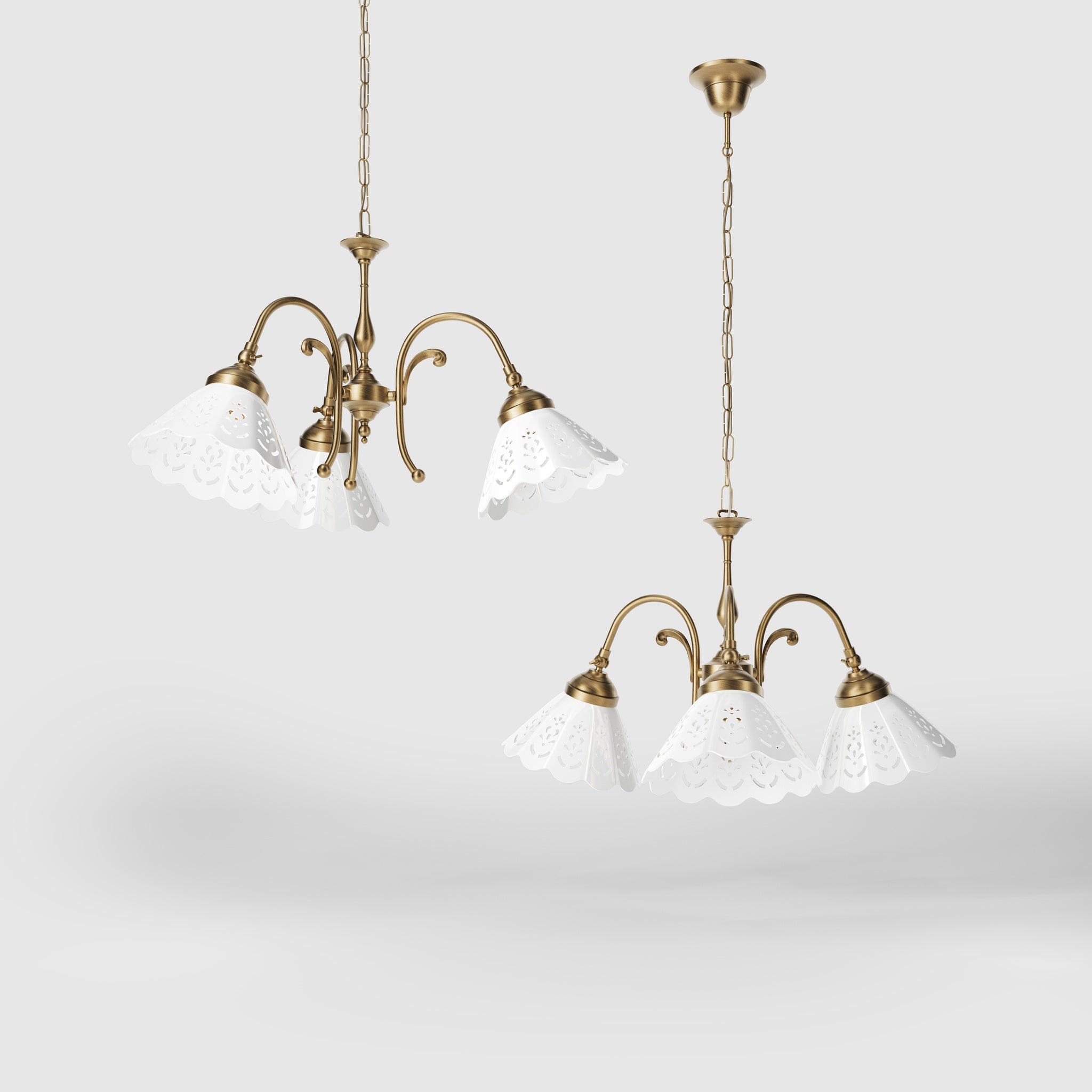 Liberty style pendant lamp with three pierced ceramic shades, decorative brass arms and adjustable joints by Ghidini 1849 - Finish: OBS Bronze Satin Brass