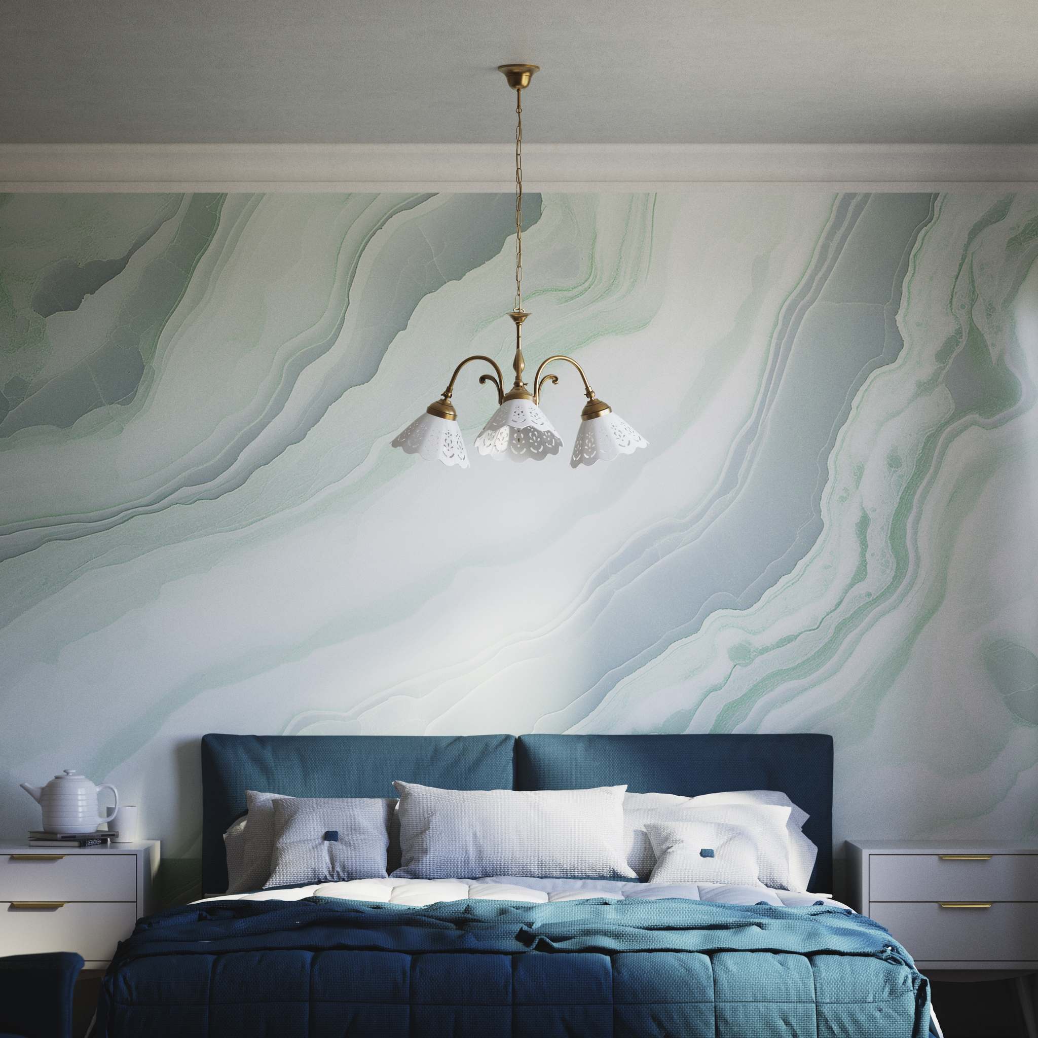 Liberty style pendant lamp with three pierced ceramic shades, decorative brass arms and adjustable joints by Ghidini 1849 - Finish: OBS Bronze Satin Brass