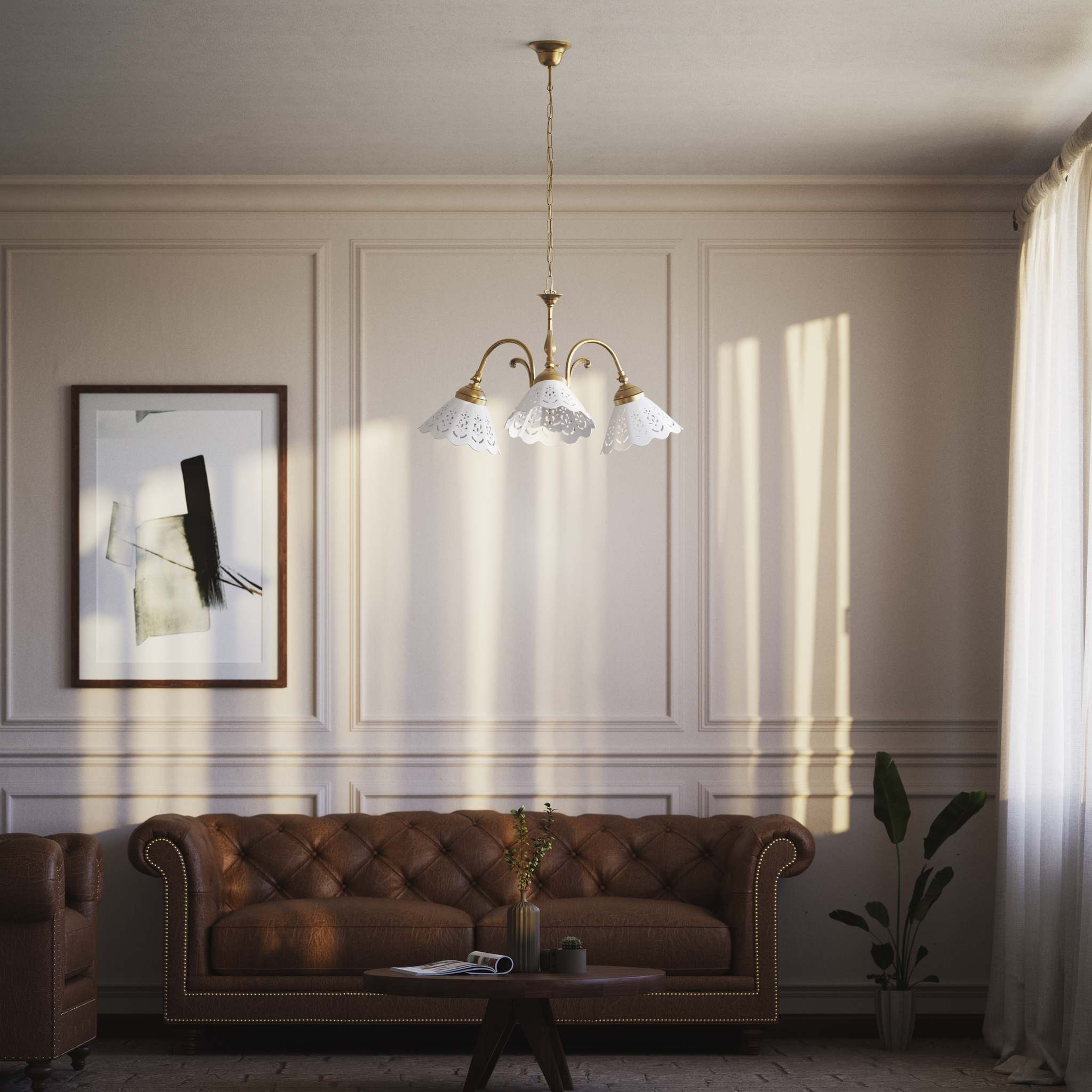 Liberty style pendant lamp with three pierced ceramic shades, decorative brass arms and adjustable joints by Ghidini 1849 - Finish: OBS Bronze Satin Brass