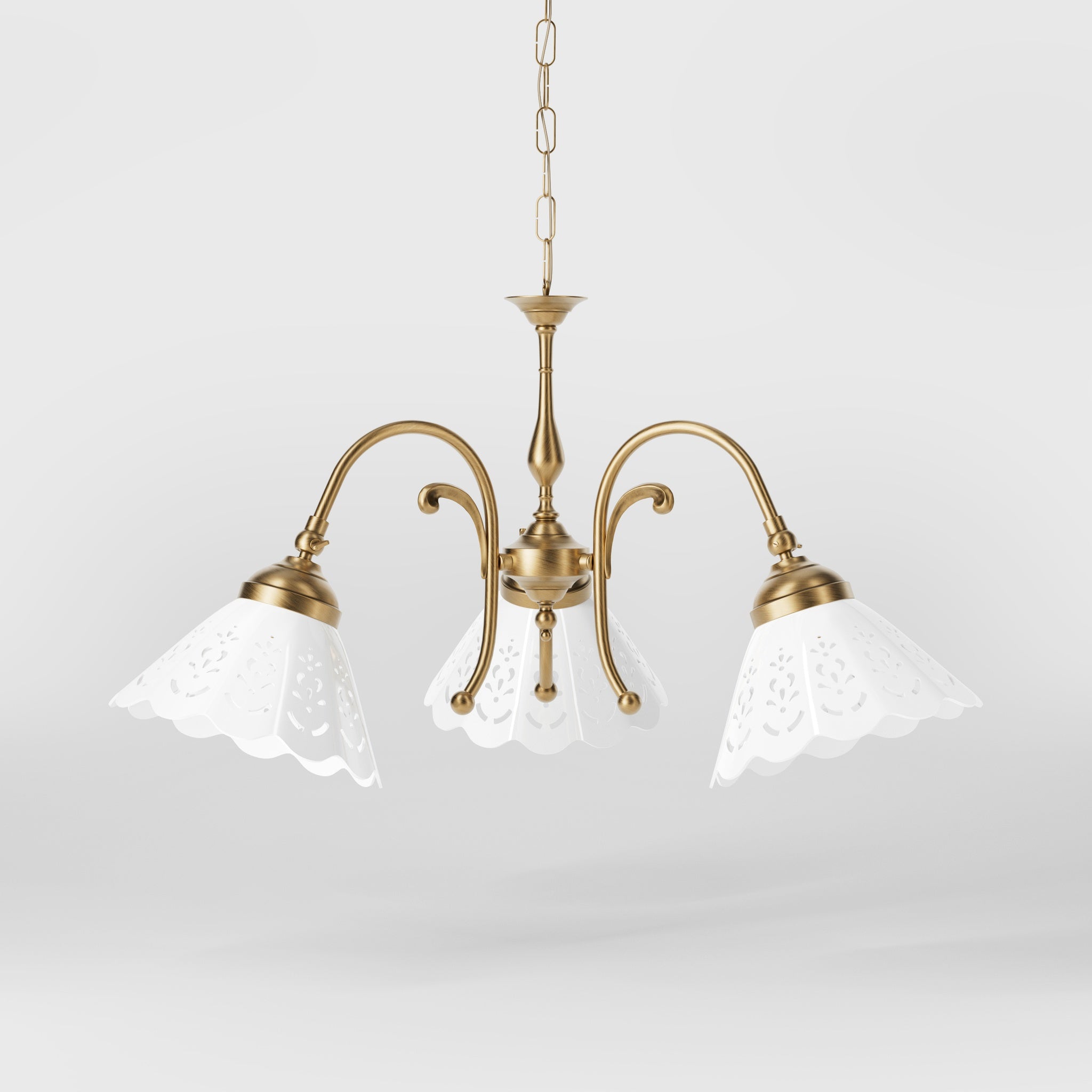Liberty style pendant lamp with three pierced ceramic shades, decorative brass arms and adjustable joints by Ghidini 1849 - Finish: OBS Bronze Satin Brass