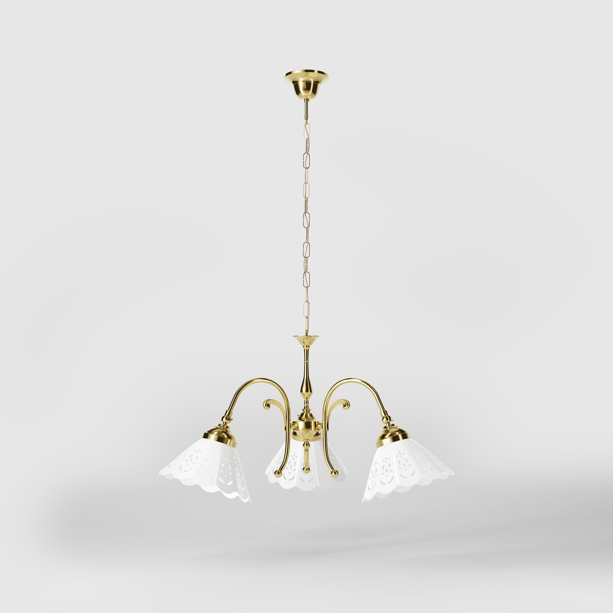 Liberty style pendant lamp with three pierced ceramic shades, decorative brass arms and adjustable joints by Ghidini 1849 - Finish: OLV Polished Brass