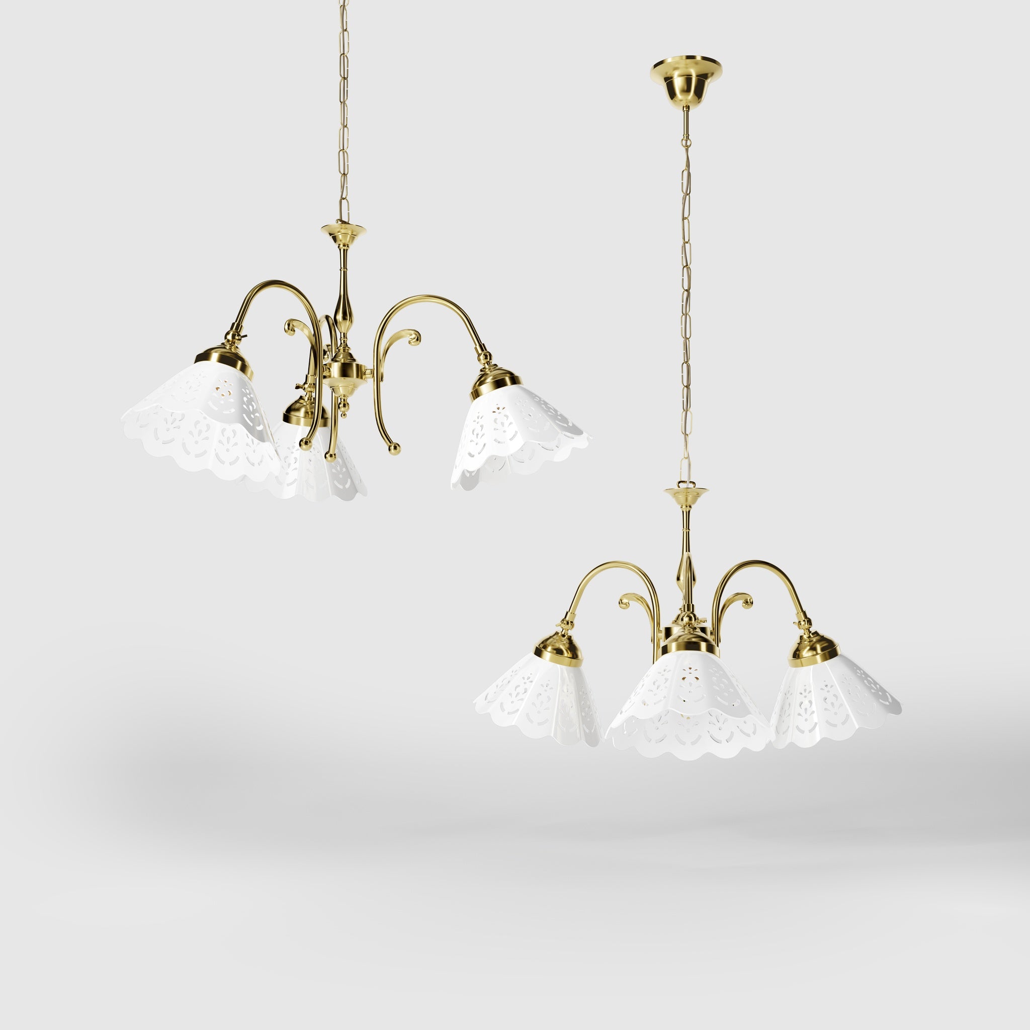 Liberty style pendant lamp with three pierced ceramic shades, decorative brass arms and adjustable joints by Ghidini 1849 - Finish: OLV Polished Brass