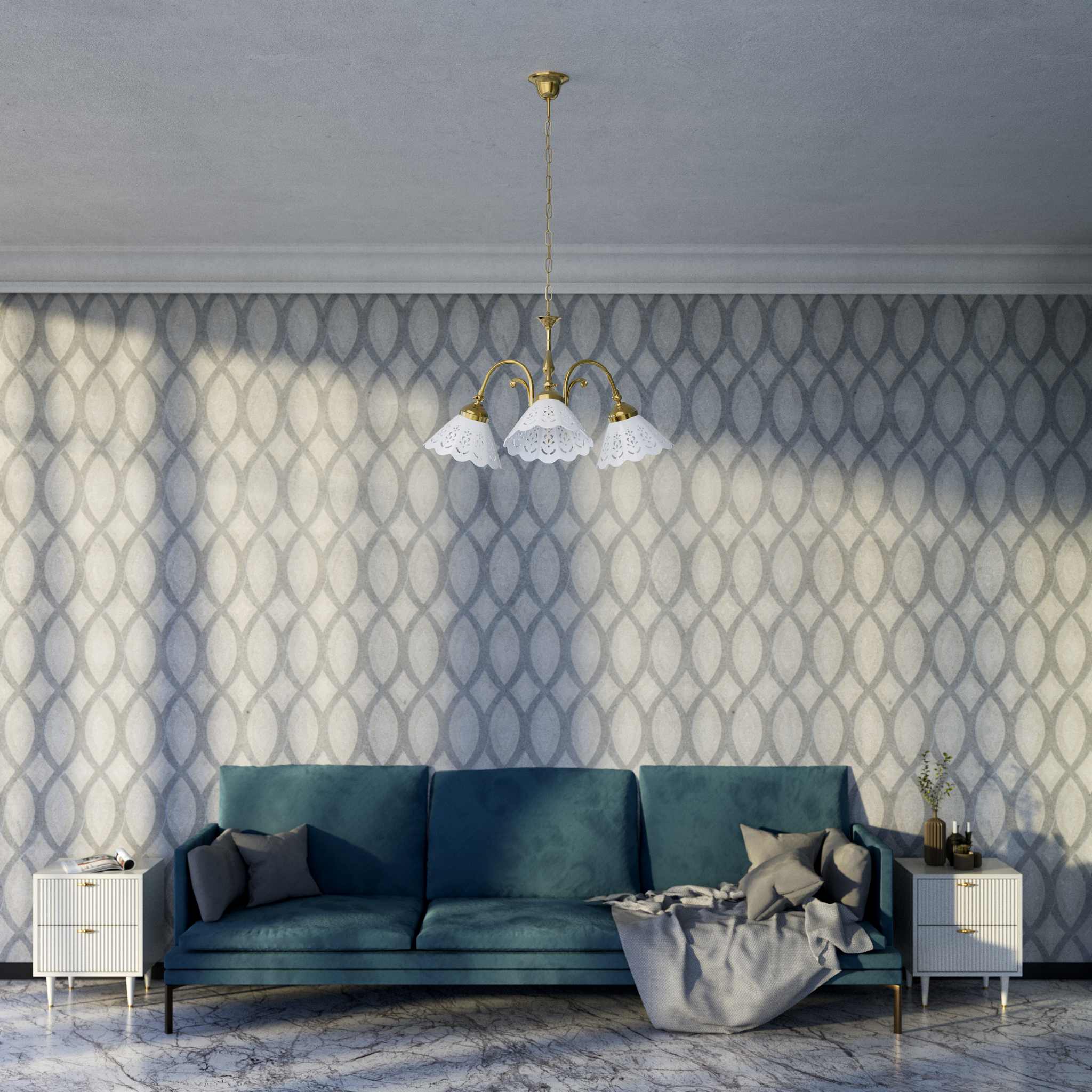 Liberty style pendant lamp with three pierced ceramic shades, decorative brass arms and adjustable joints by Ghidini 1849 - Finish: OLV Polished Brass