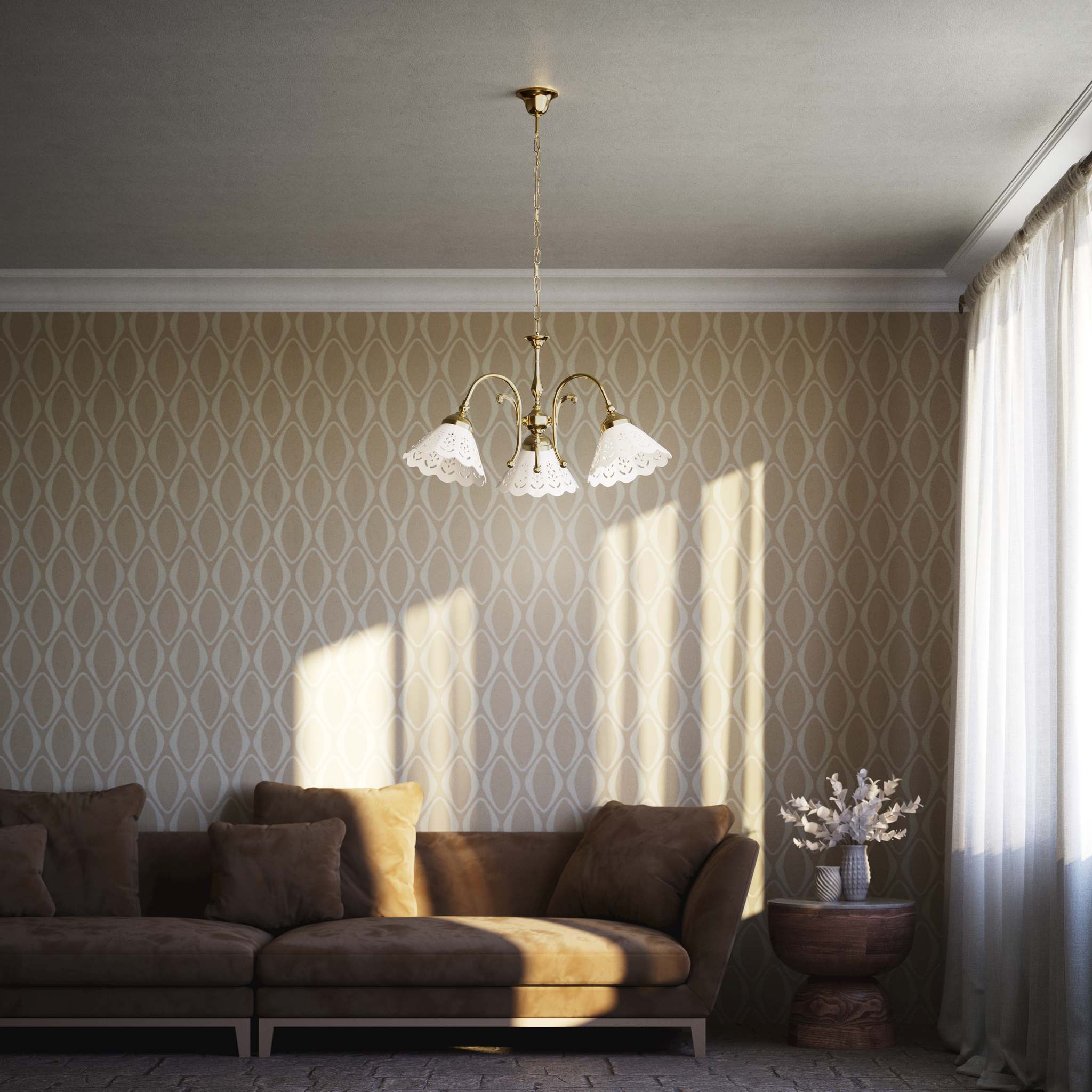 Liberty style pendant lamp with three pierced ceramic shades, decorative brass arms and adjustable joints by Ghidini 1849 - Finish: OLV Polished Brass