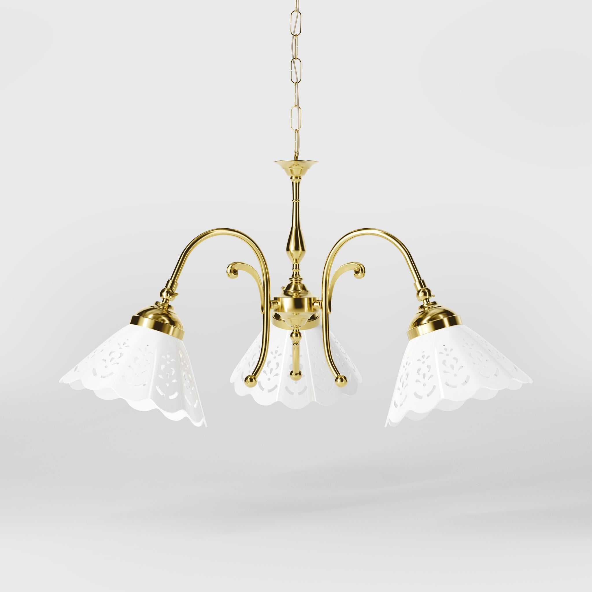 Liberty style pendant lamp with three pierced ceramic shades, decorative brass arms and adjustable joints by Ghidini 1849 - Finish: OLV Polished Brass