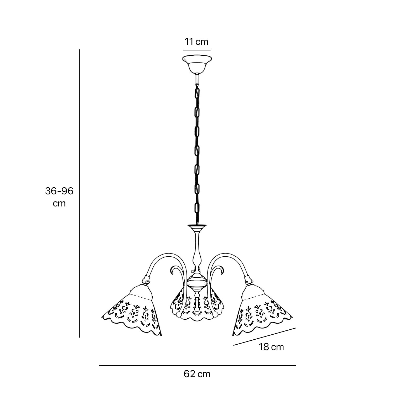 Liberty style pendant lamp with three pierced ceramic shades, decorative brass arms and adjustable joints by Ghidini 1849