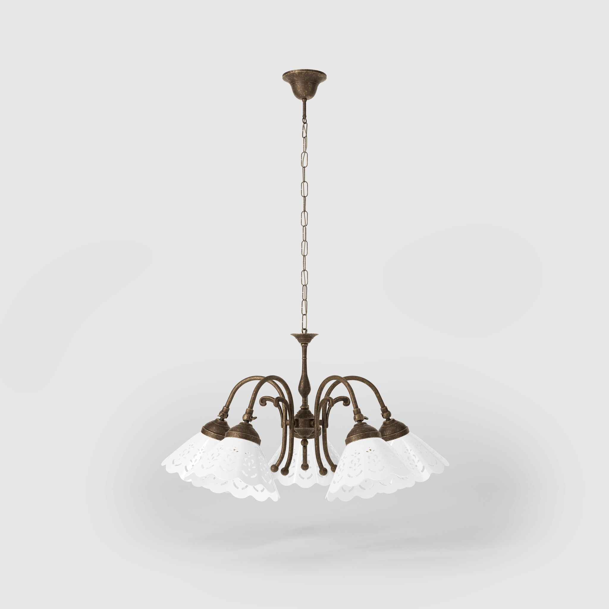 Liberty style chandelier with five pierced ceramic shades, decorative brass structure and adjustable joints by Ghidini 1849 - Finish: OAS Antique Brass