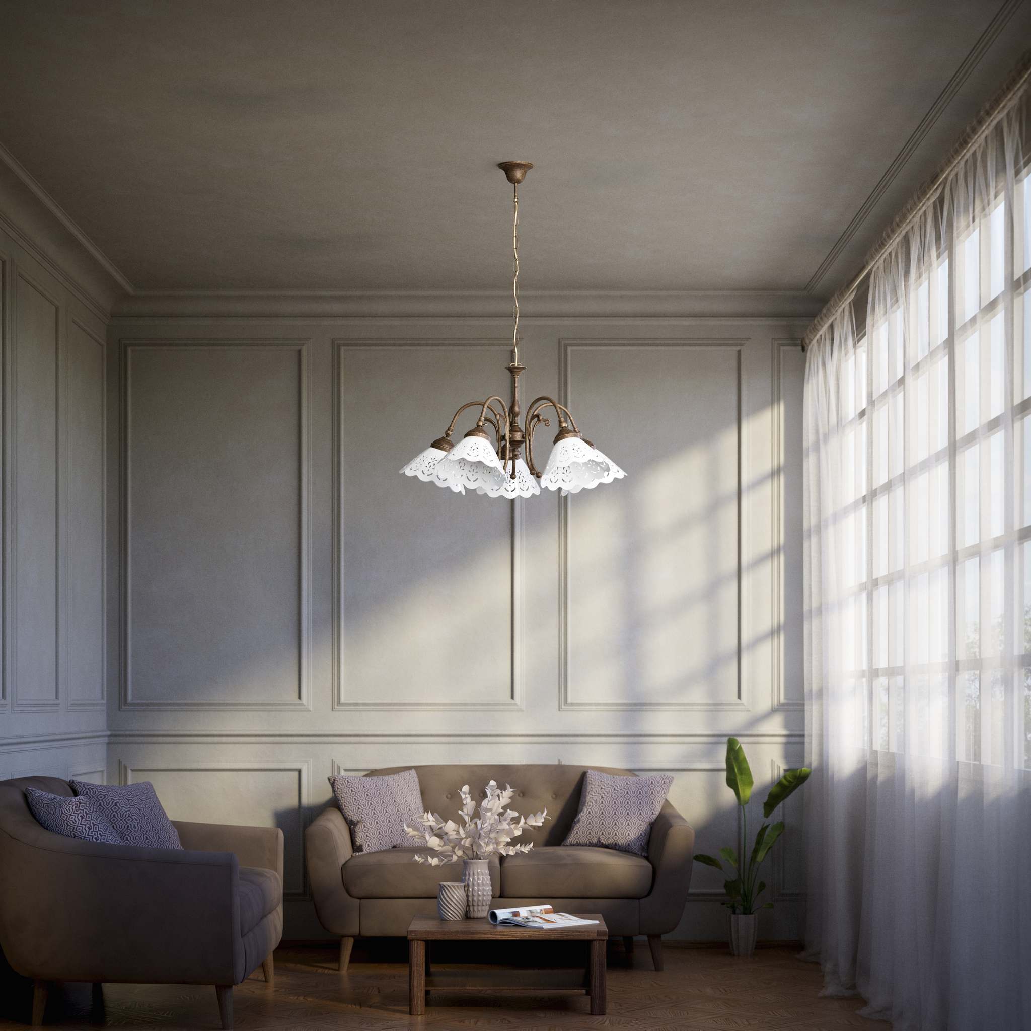 Liberty style chandelier with five pierced ceramic shades, decorative brass structure and adjustable joints by Ghidini 1849 - Finish: OAS Antique Brass