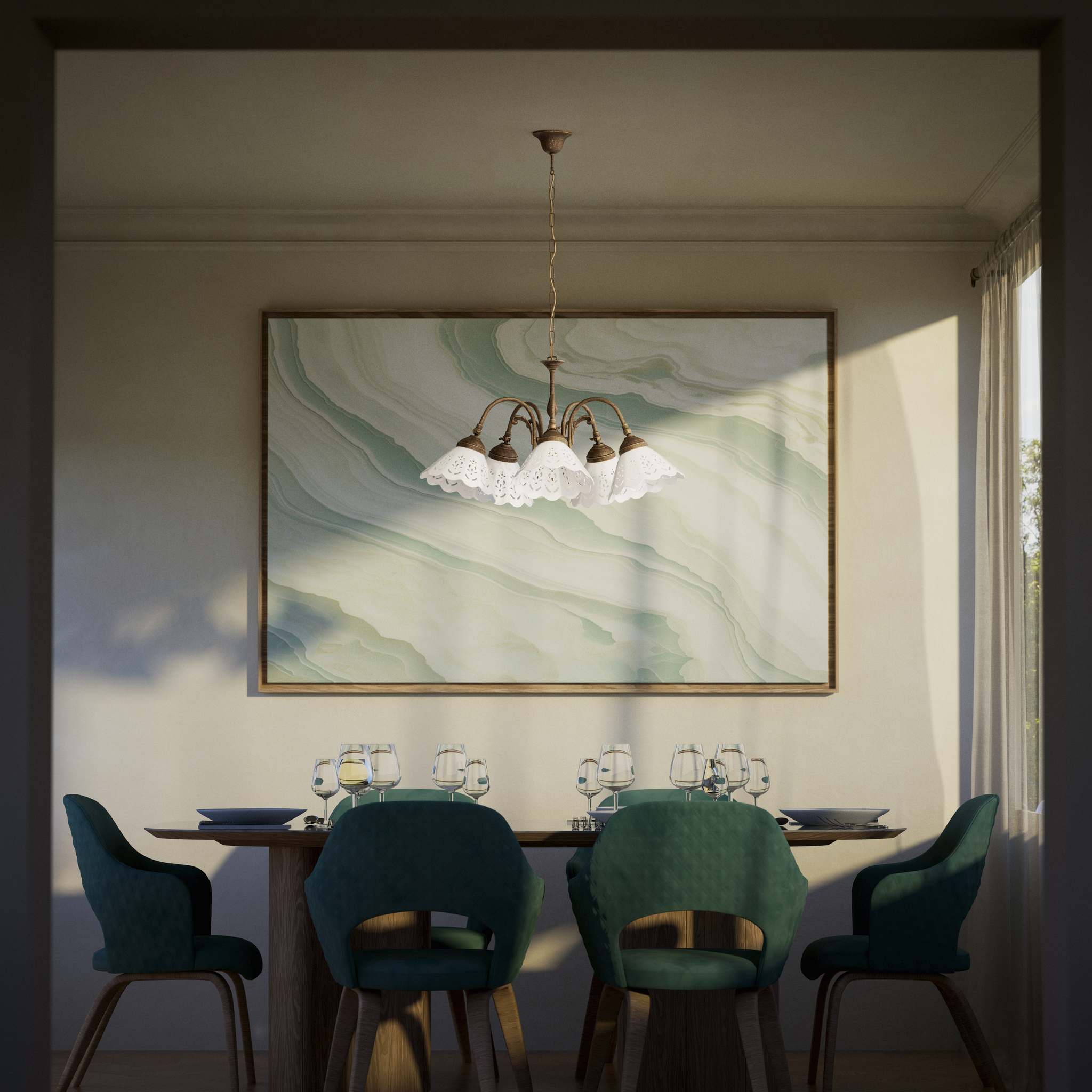 Liberty style chandelier with five pierced ceramic shades, decorative brass structure and adjustable joints by Ghidini 1849 - Finish: OAS Antique Brass