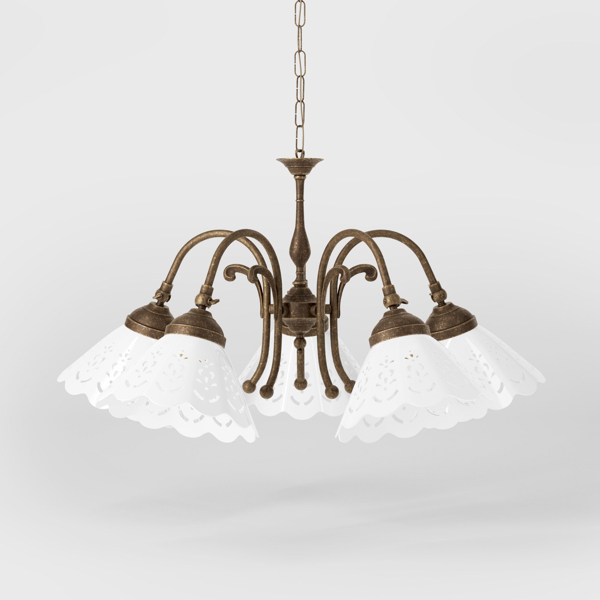 Liberty style chandelier with five pierced ceramic shades, decorative brass structure and adjustable joints by Ghidini 1849 - Finish: OAS Antique Brass