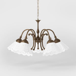 Liberty style chandelier with five pierced ceramic shades, decorative brass structure and adjustable joints by Ghidini 1849 - Finish: OAS Antique Brass