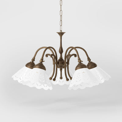 Liberty style chandelier with five pierced ceramic shades, decorative brass structure and adjustable joints by Ghidini 1849 - Finish: OAS Antique Brass