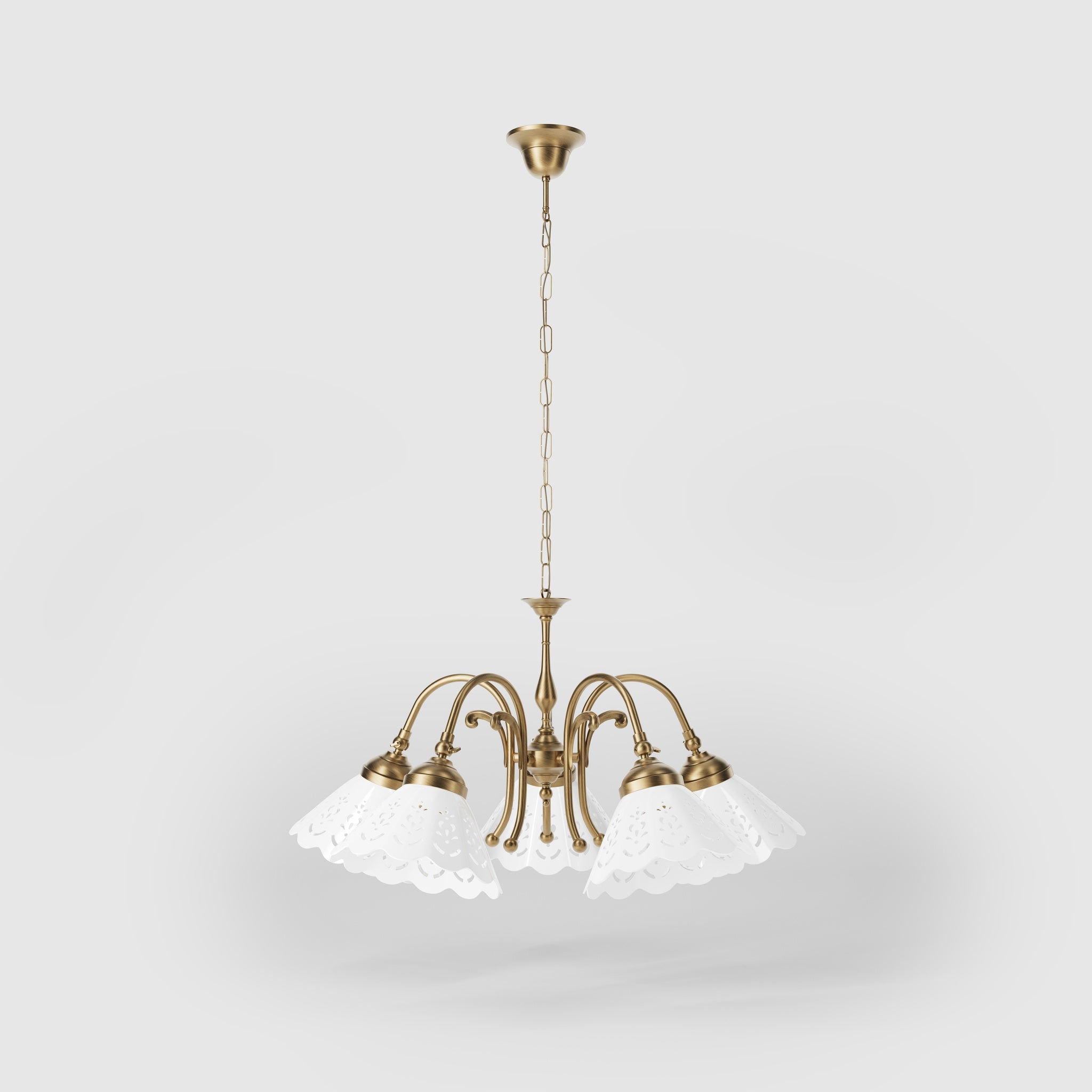 Liberty style chandelier with five pierced ceramic shades, decorative brass structure and adjustable joints by Ghidini 1849 - Finish: OBS Bronze Satin Brass