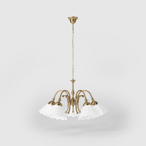 Liberty style chandelier with five pierced ceramic shades, decorative brass structure and adjustable joints by Ghidini 1849 - Finish: OBS Bronze Satin Brass