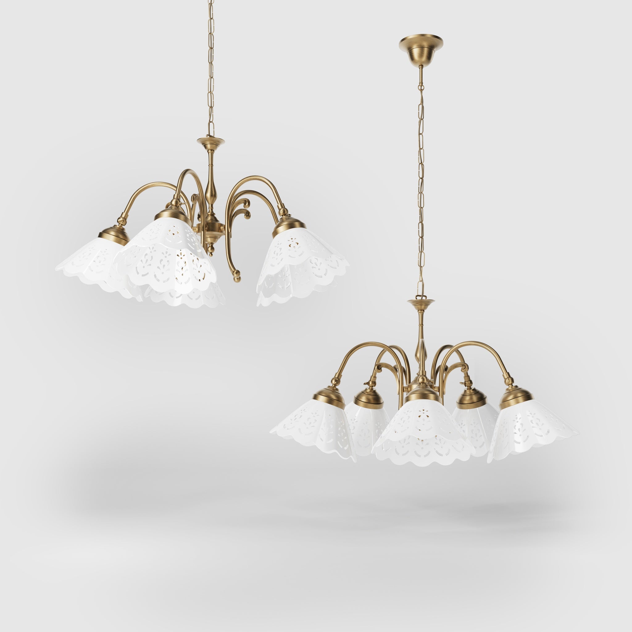 Liberty style chandelier with five pierced ceramic shades, decorative brass structure and adjustable joints by Ghidini 1849 - Finish: OBS Bronze Satin Brass