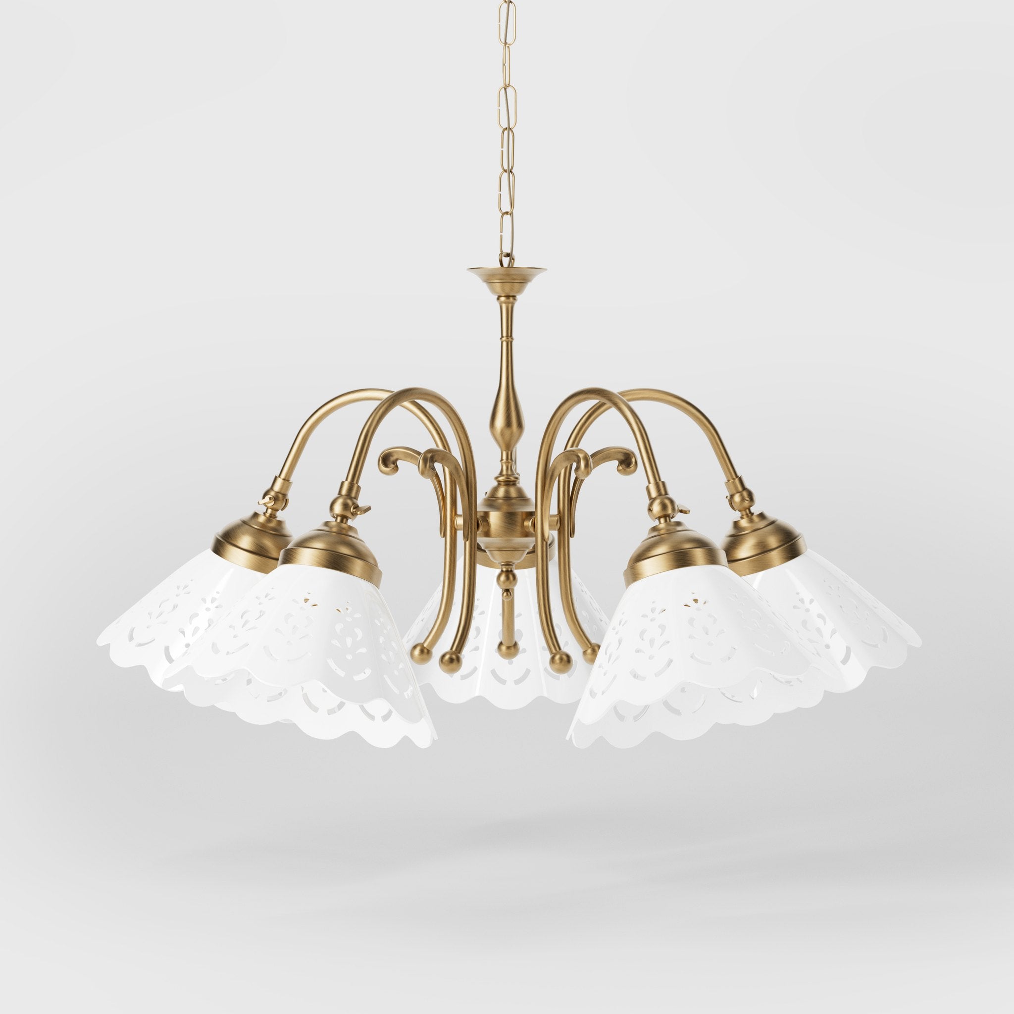Liberty style chandelier with five pierced ceramic shades, decorative brass structure and adjustable joints by Ghidini 1849 - Finish: OBS Bronze Satin Brass