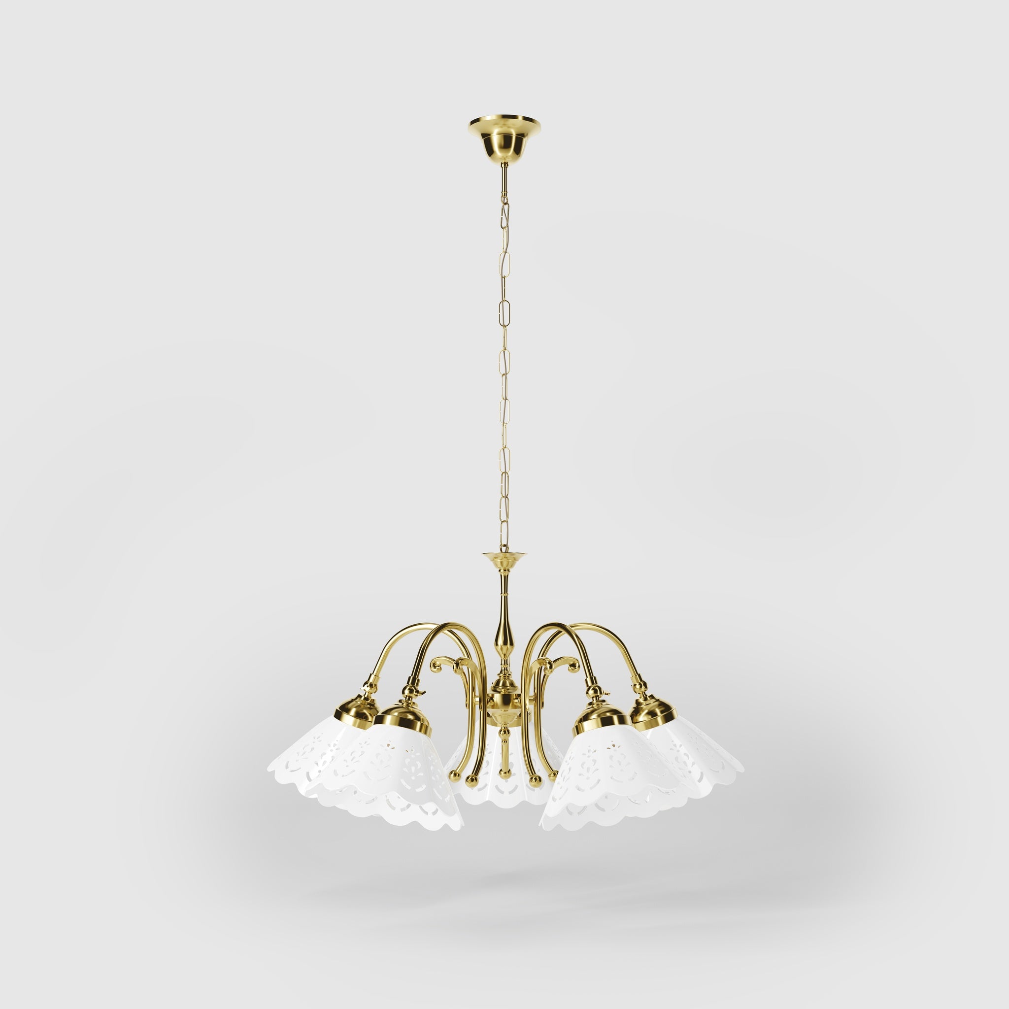 Liberty style chandelier with five pierced ceramic shades, decorative brass structure and adjustable joints by Ghidini 1849 - Finish: OLV Polished Brass