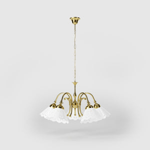 Liberty style chandelier with five pierced ceramic shades, decorative brass structure and adjustable joints by Ghidini 1849 - Finish: OLV Polished Brass