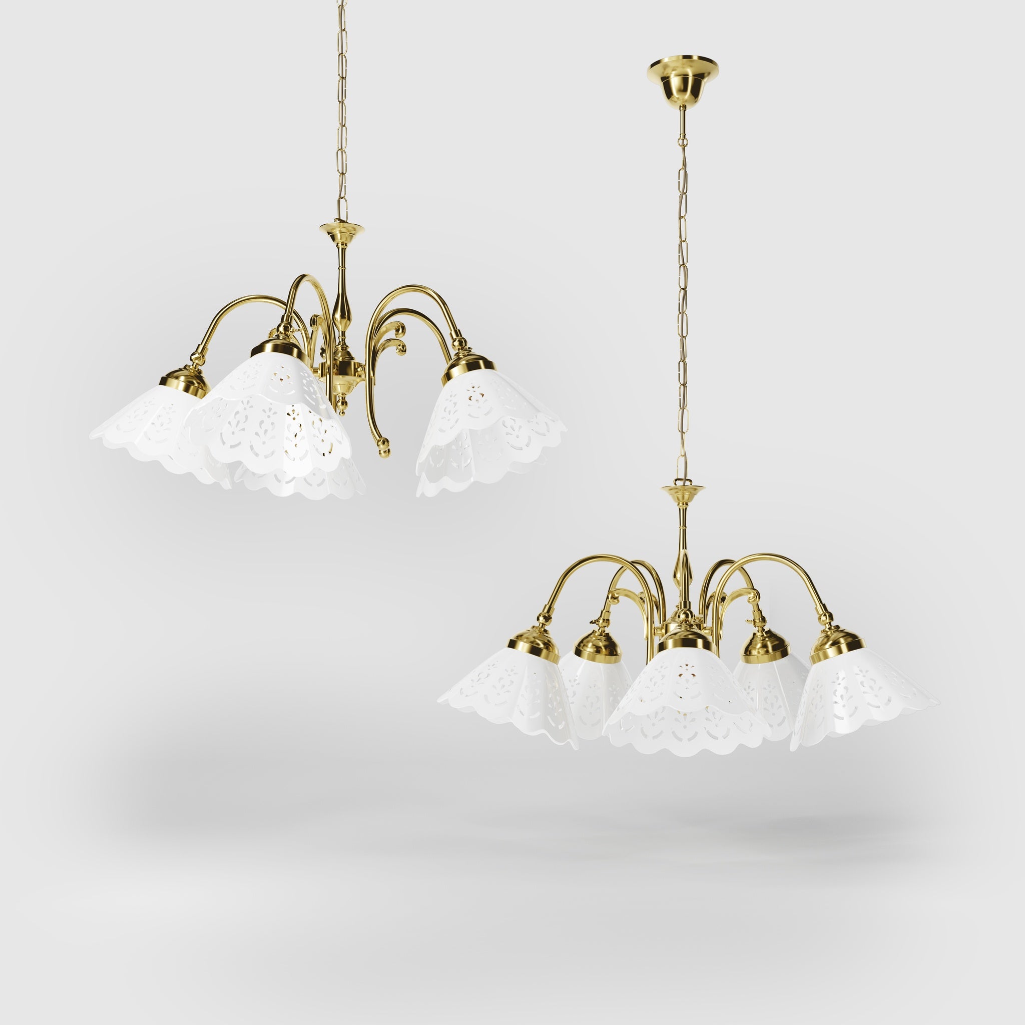 Liberty style chandelier with five pierced ceramic shades, decorative brass structure and adjustable joints by Ghidini 1849 - Finish: OLV Polished Brass
