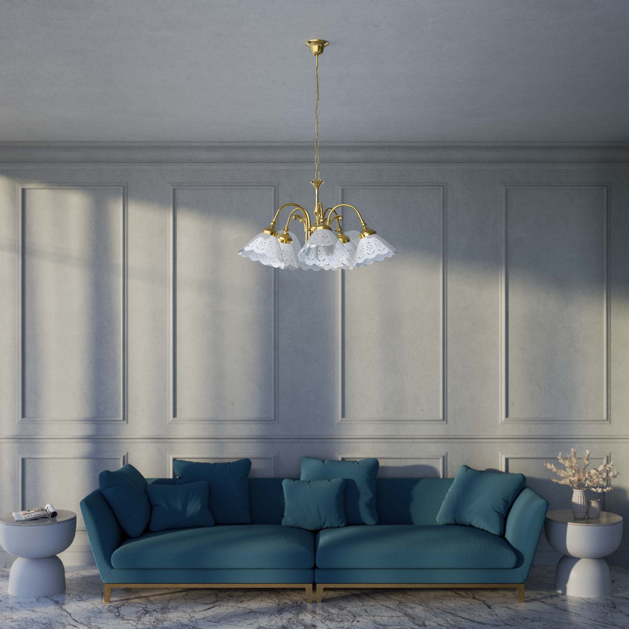 Liberty style chandelier with five pierced ceramic shades, decorative brass structure and adjustable joints by Ghidini 1849 - Finish: OLV Polished Brass