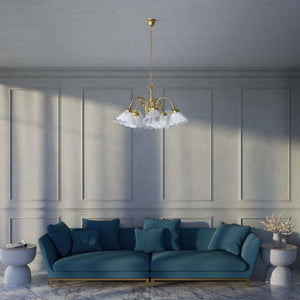 Liberty style chandelier with five pierced ceramic shades, decorative brass structure and adjustable joints by Ghidini 1849 - Finish: OLV Polished Brass