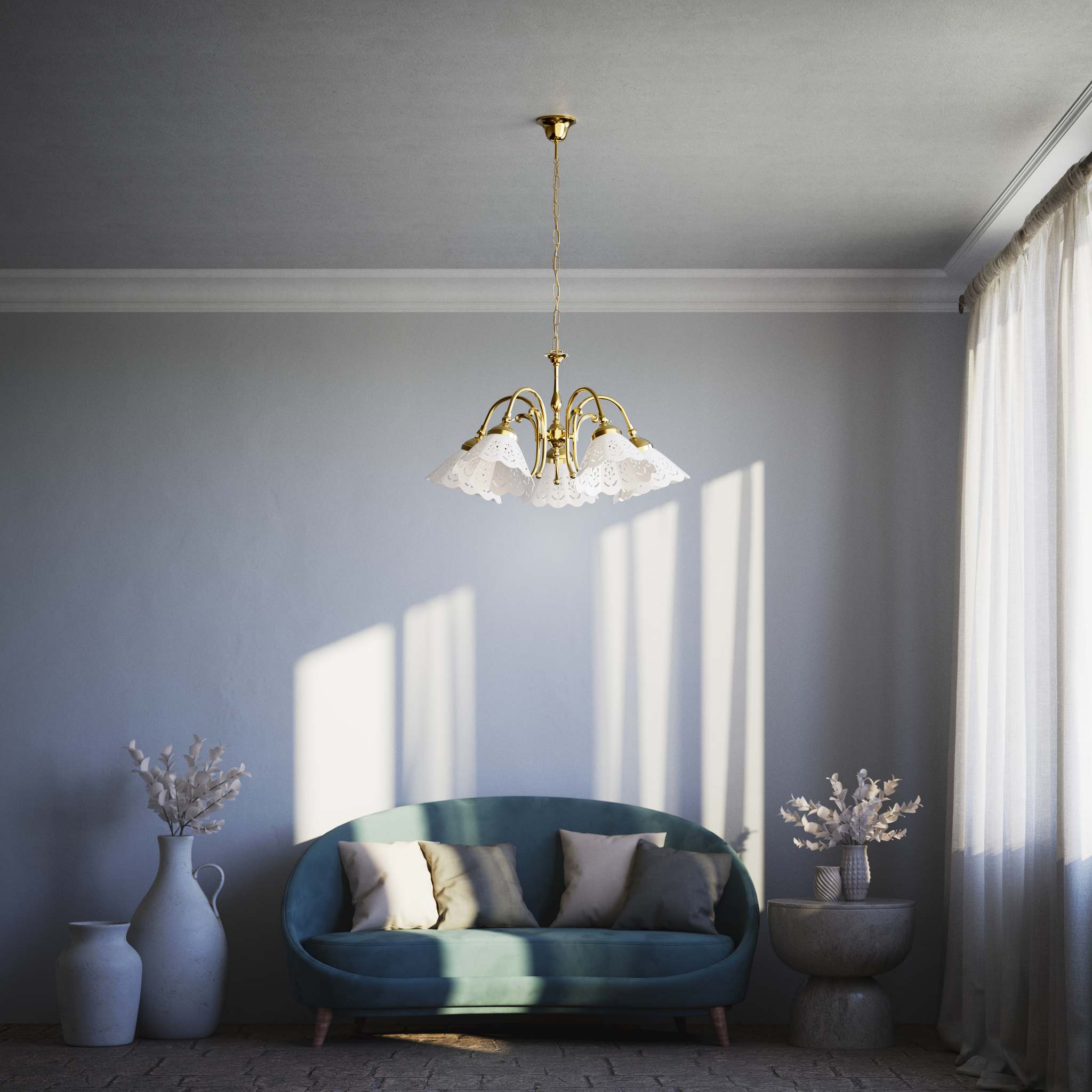 Liberty style chandelier with five pierced ceramic shades, decorative brass structure and adjustable joints by Ghidini 1849 - Finish: OLV Polished Brass