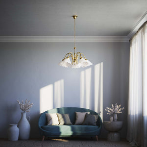 Liberty style chandelier with five pierced ceramic shades, decorative brass structure and adjustable joints by Ghidini 1849 - Finish: OLV Polished Brass