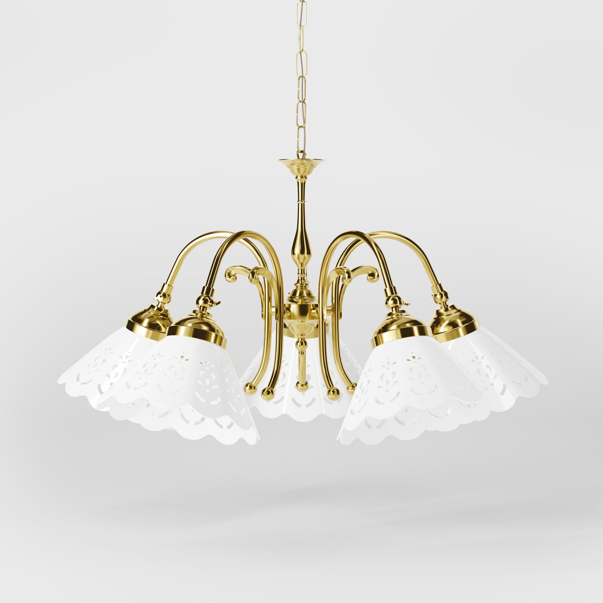 Liberty style chandelier with five pierced ceramic shades, decorative brass structure and adjustable joints by Ghidini 1849 - Finish: OLV Polished Brass