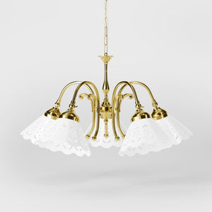 Liberty style chandelier with five pierced ceramic shades, decorative brass structure and adjustable joints by Ghidini 1849 - Finish: OLV Polished Brass