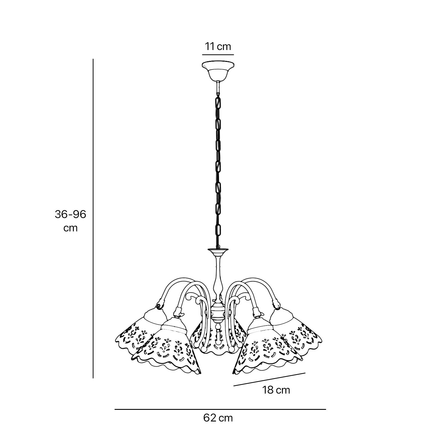 Liberty style chandelier with five pierced ceramic shades, decorative brass structure and adjustable joints by Ghidini 1849