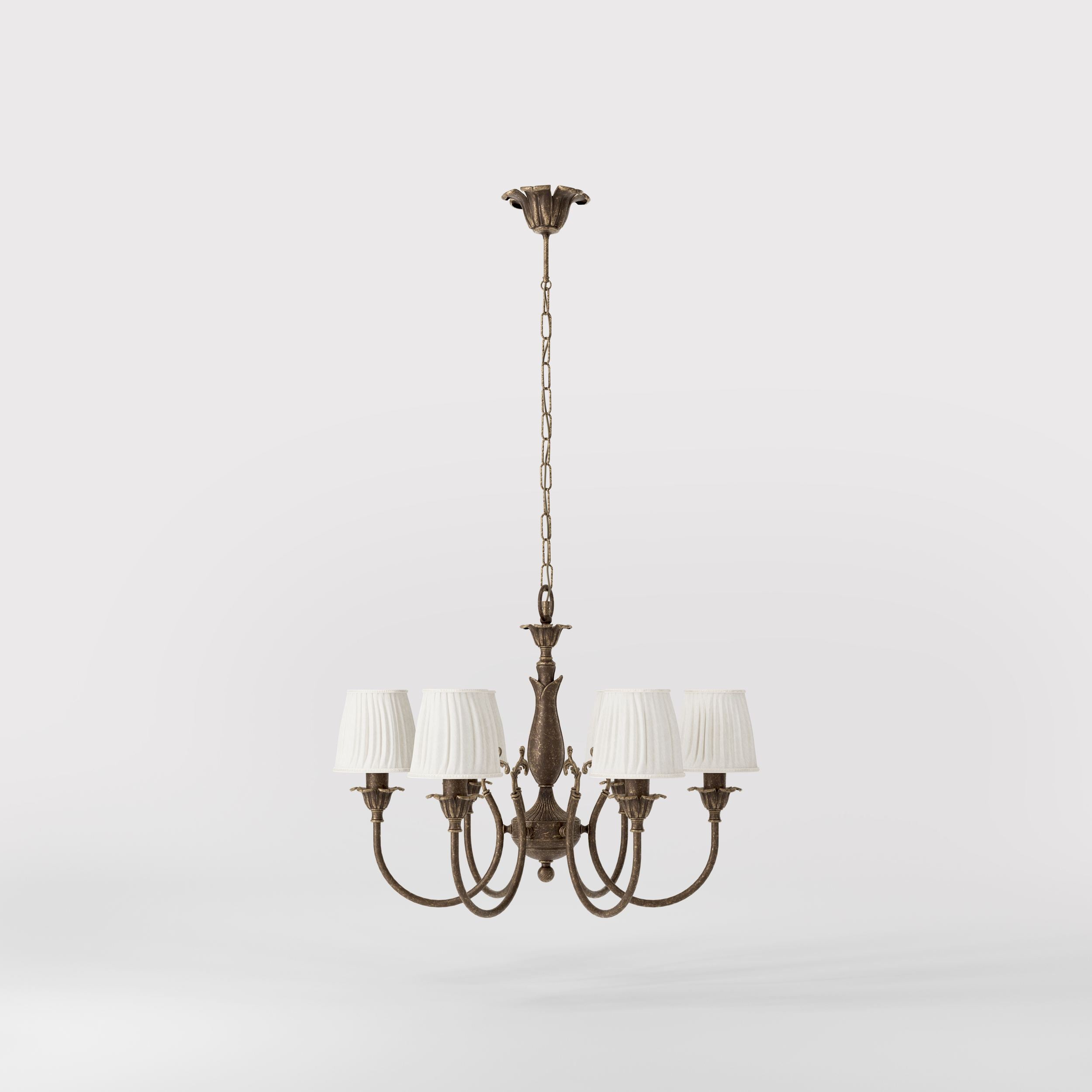Classic brass chandelier six arms with white pleated shades floral decorations and ornamental central element - Finish: OAS Antique Brass