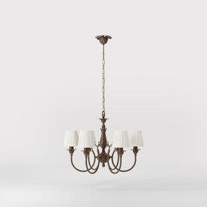 Classic brass chandelier six arms with white pleated shades floral decorations and ornamental central element - Finish: OAS Antique Brass