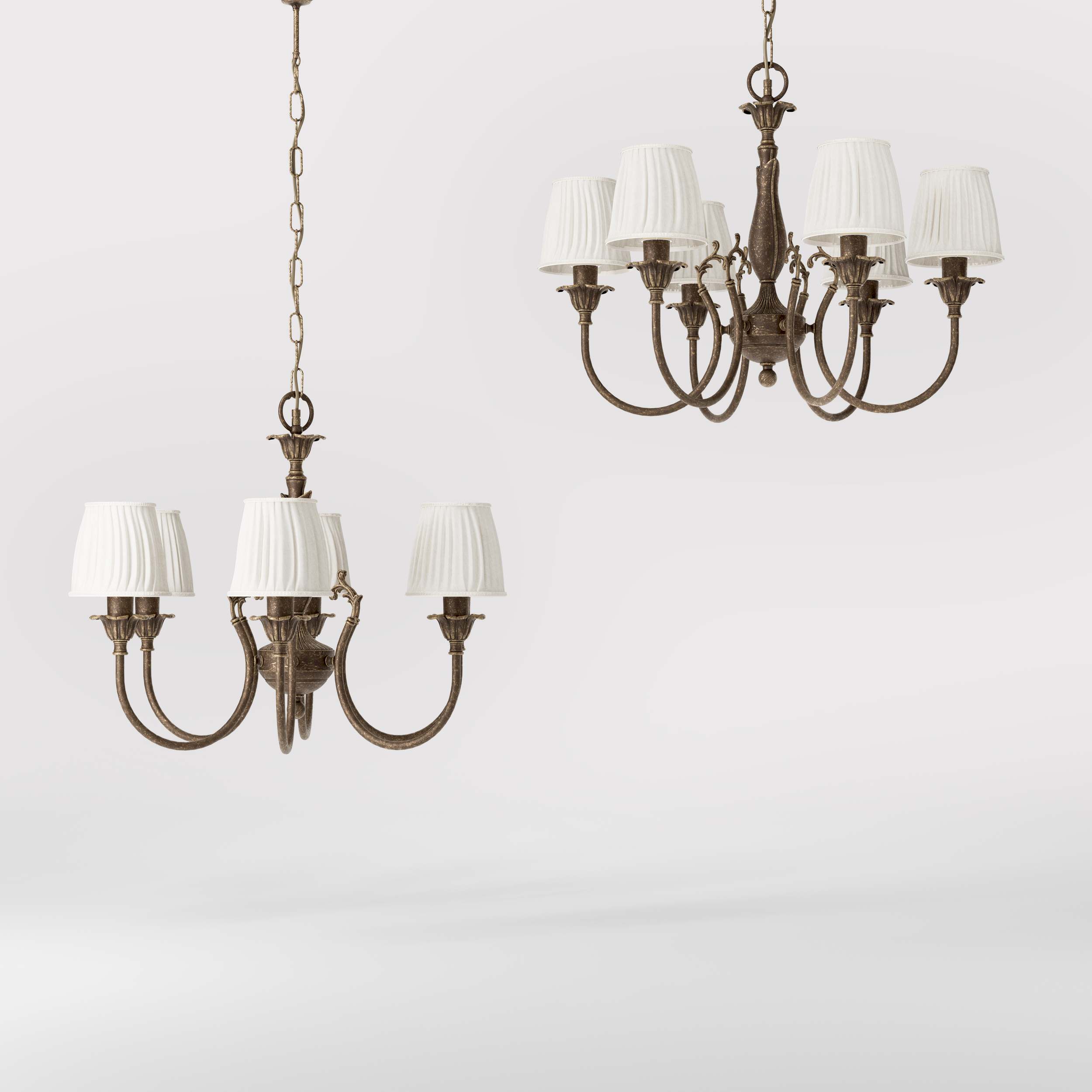 Classic brass chandelier six arms with white pleated shades floral decorations and ornamental central element - Finish: OAS Antique Brass