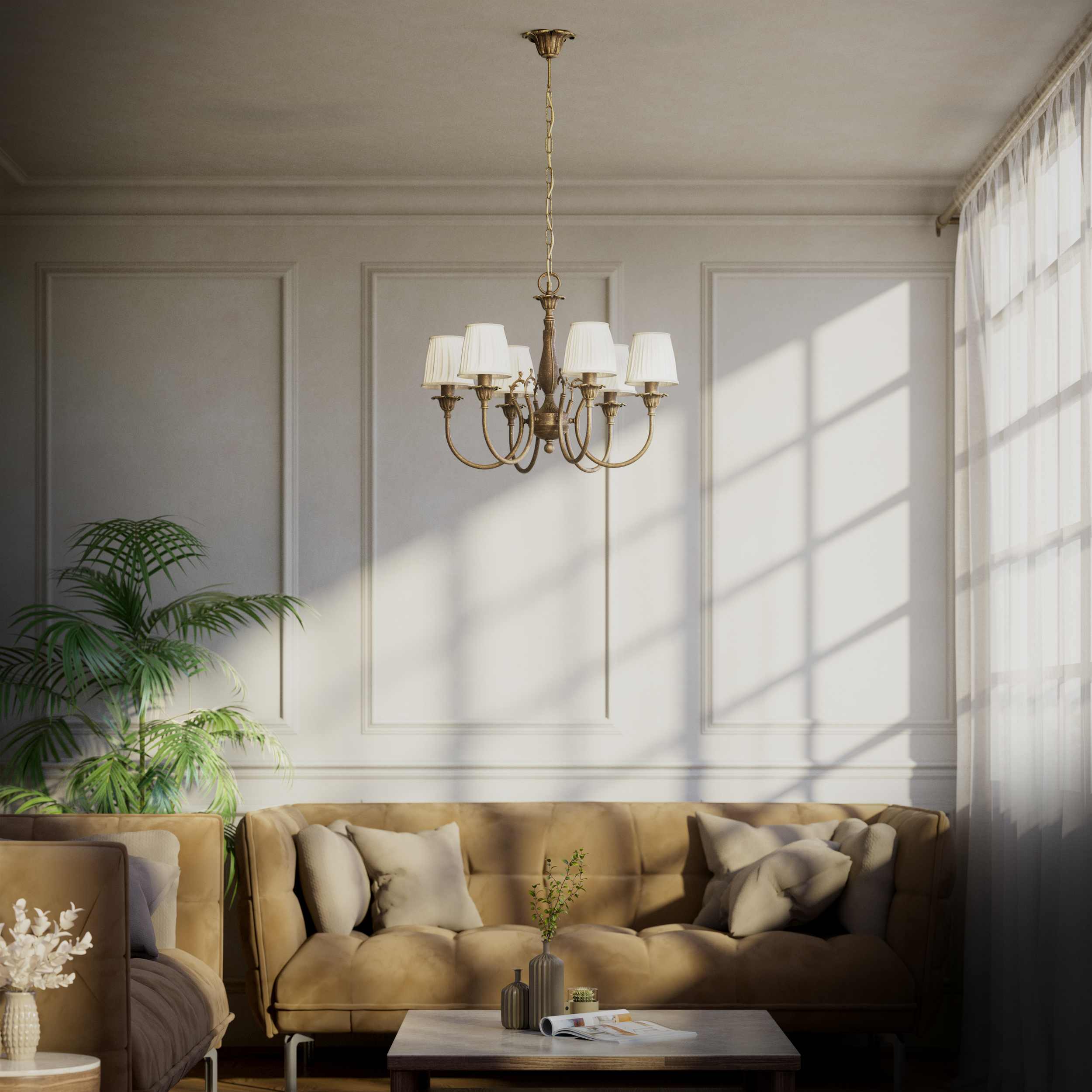 Classic brass chandelier six arms with white pleated shades floral decorations and ornamental central element - Finish: OAS Antique Brass