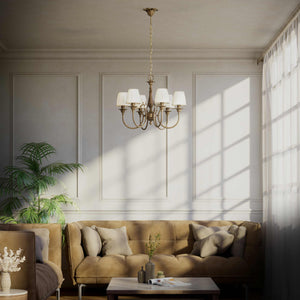 Classic brass chandelier six arms with white pleated shades floral decorations and ornamental central element - Finish: OAS Antique Brass