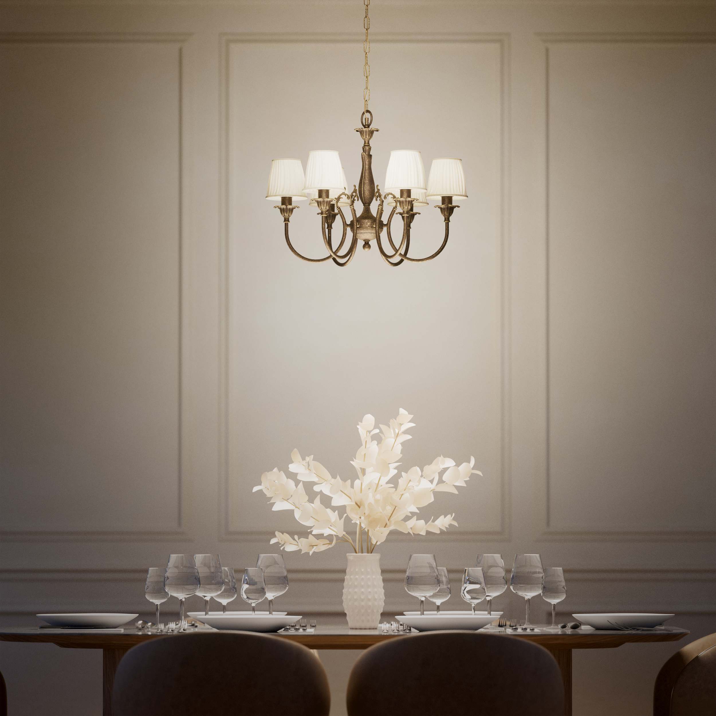 Classic brass chandelier six arms with white pleated shades floral decorations and ornamental central element - Finish: OAS Antique Brass