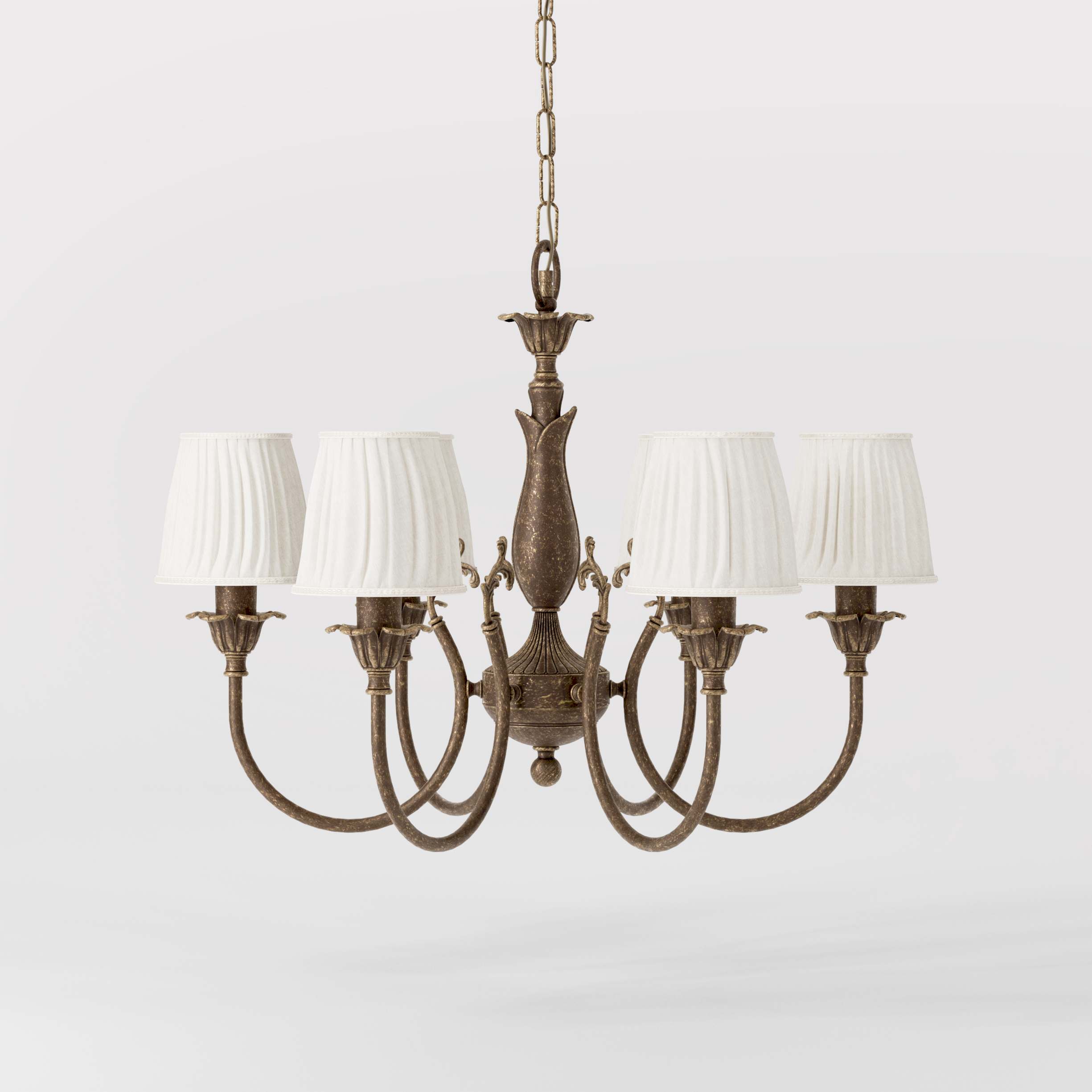 Classic brass chandelier six arms with white pleated shades floral decorations and ornamental central element - Finish: OAS Antique Brass