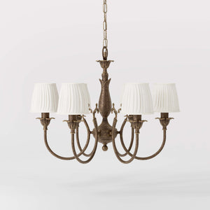 Classic brass chandelier six arms with white pleated shades floral decorations and ornamental central element - Finish: OAS Antique Brass