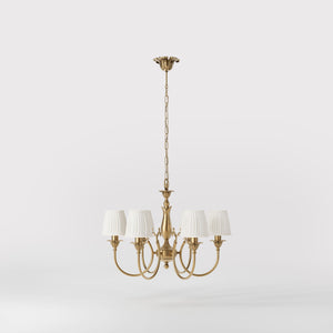 Classic brass chandelier six arms with white pleated shades floral decorations and ornamental central element - Finish: OBS Bronze Satin Brass