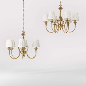 Classic brass chandelier six arms with white pleated shades floral decorations and ornamental central element - Finish: OBS Bronze Satin Brass