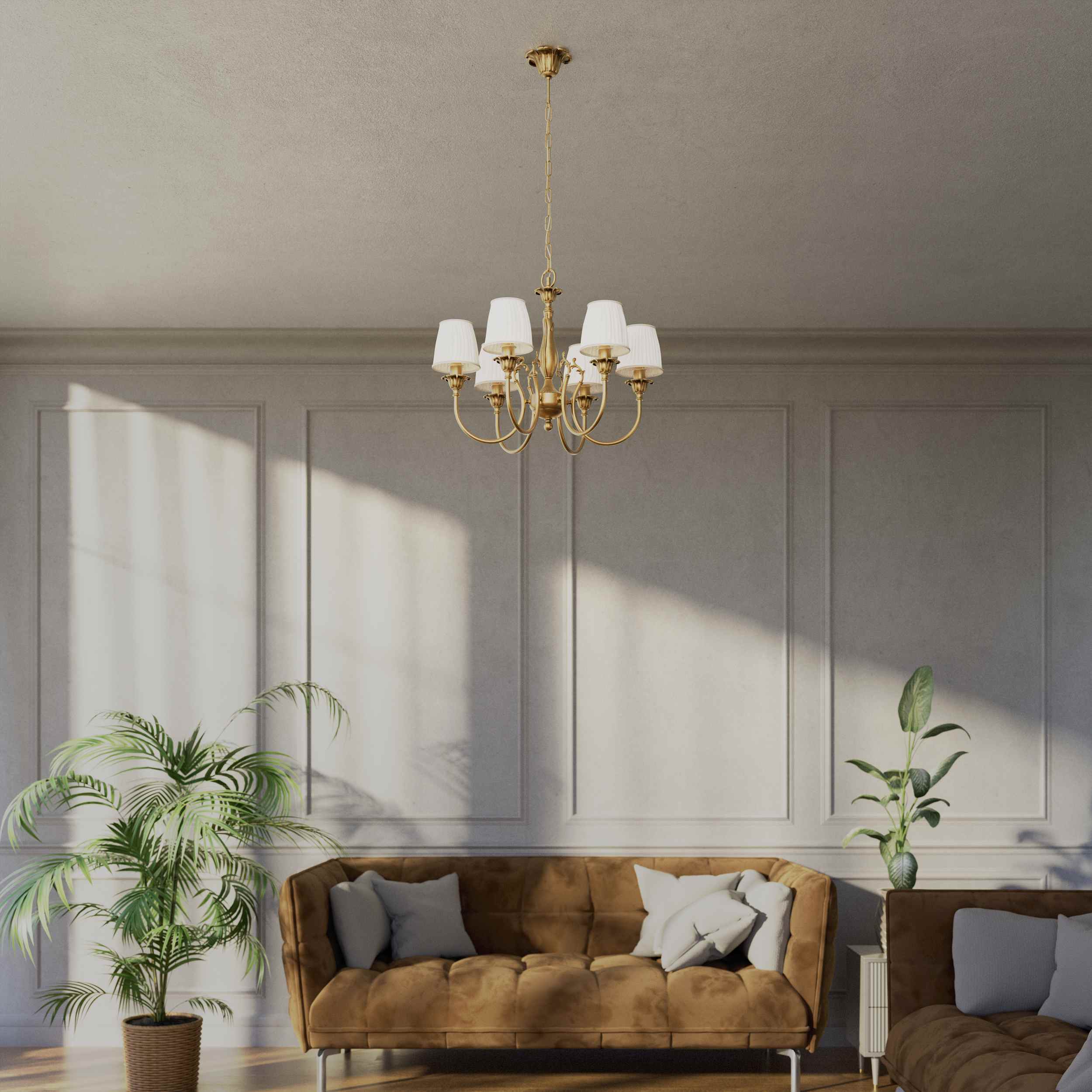 Classic brass chandelier six arms with white pleated shades floral decorations and ornamental central element - Finish: OBS Bronze Satin Brass