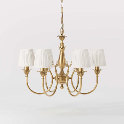 Classic brass chandelier six arms with white pleated shades floral decorations and ornamental central element - Finish: OBS Bronze Satin Brass