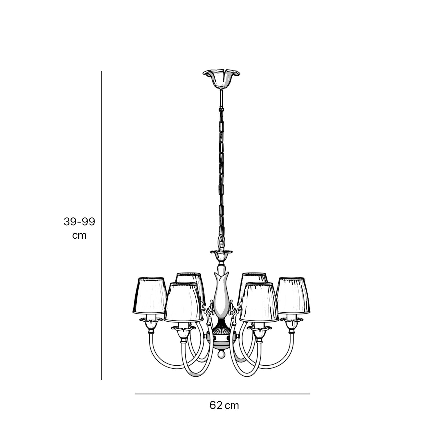 Classic brass chandelier six arms with white pleated shades floral decorations and ornamental central element