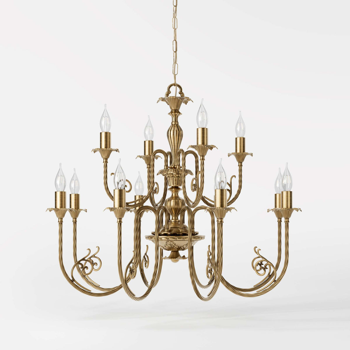 Majestueux Lustre en Laiton à 12 Bras Louis XV - OBS Bronze Laiton Satiné
