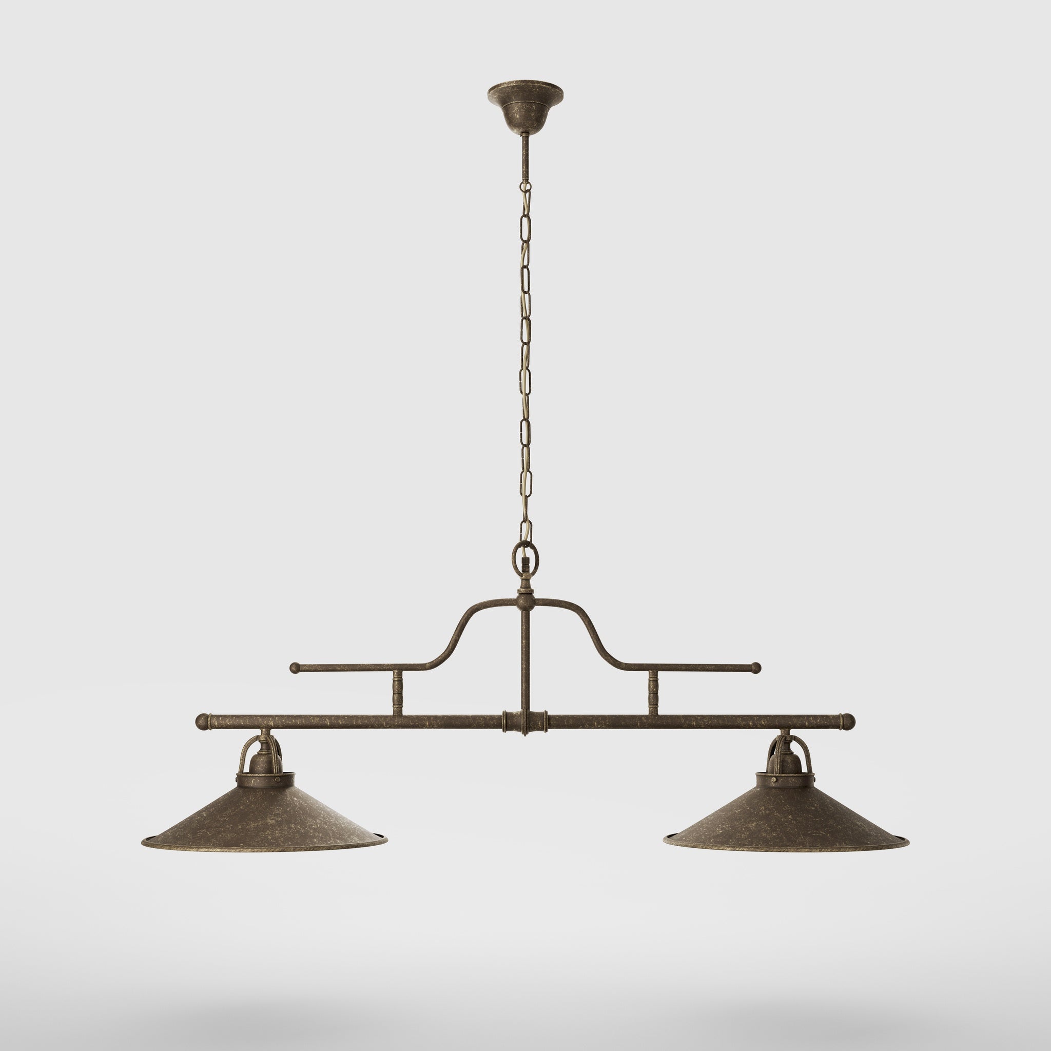 Vintage brass pendant lamp with two conical shades and chain, adjustable horizontal structure for tables and kitchen islands by Ghidini 1849 - Finish: OAS Antique Brass
